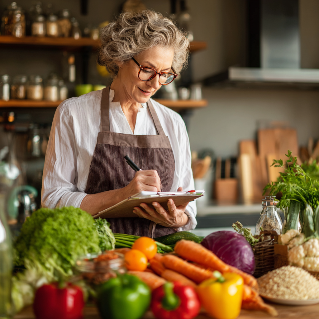 Elderly Ukrainian man and woman preparing traditional healthy meal together in home kitchen, emphasizing family wellness and nutritious cooking traditions